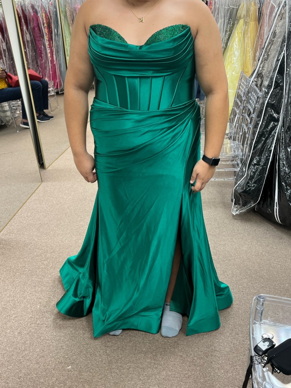 Sherri Hill Emerald Strapless Satin Corset Prom Gown